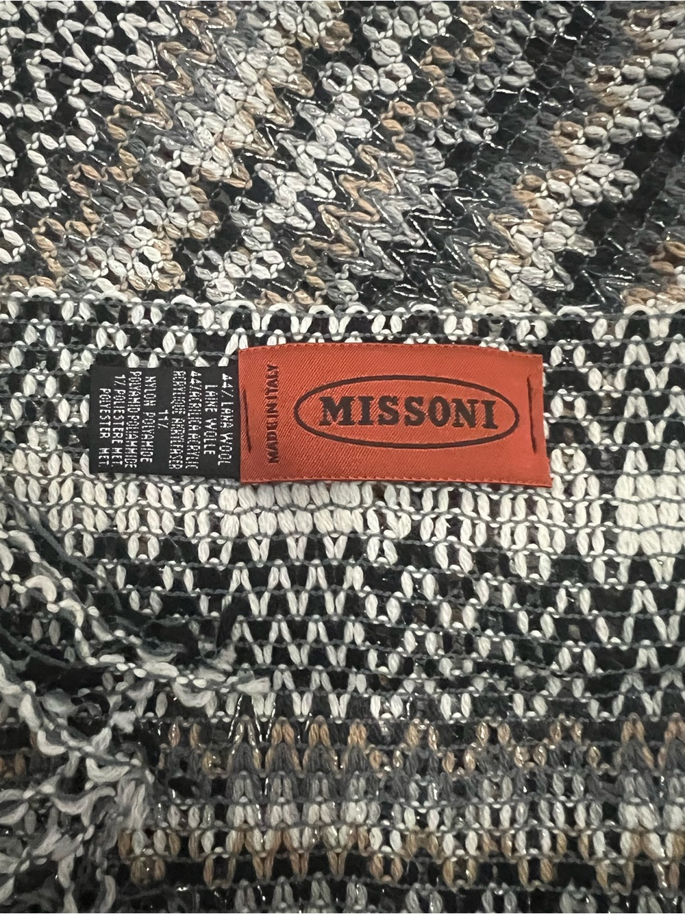 Missoni Italy Chevron Zigzag Knit Fringe Scarf Black White Tan Metallic Wool Bl